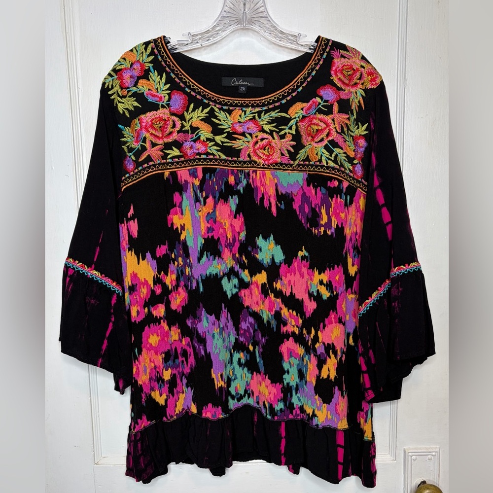 Calessa Tunic Top Multicolor Bright Abstract Floral Artsy Embroidered Boho Sz 2X